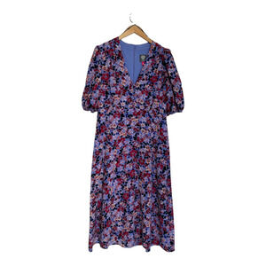 Vince Camuto Floral V-Neck Short Sleeve Pebble Crepe Midi Dress Size 14